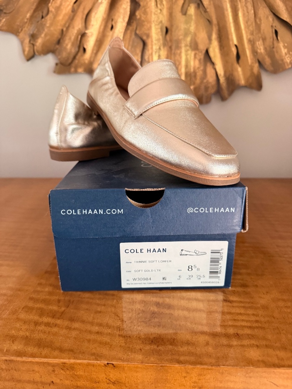 COLE HAN TRINITY LOAFERS IN GOLD NIB.  8